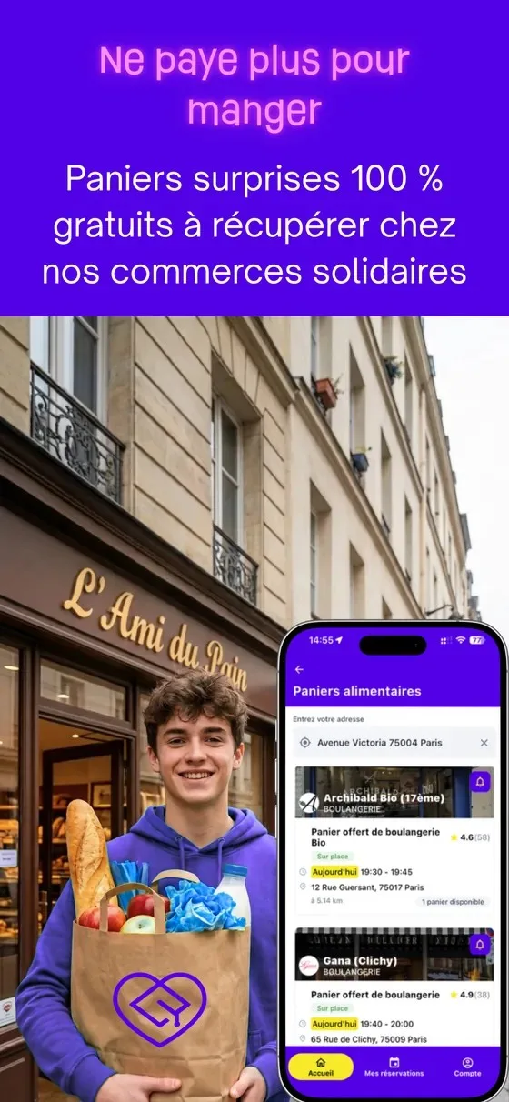 Écran de l’application HappyToque listant des paniers alimentaires gratuits à récupérer chez des boulangeries partenaires