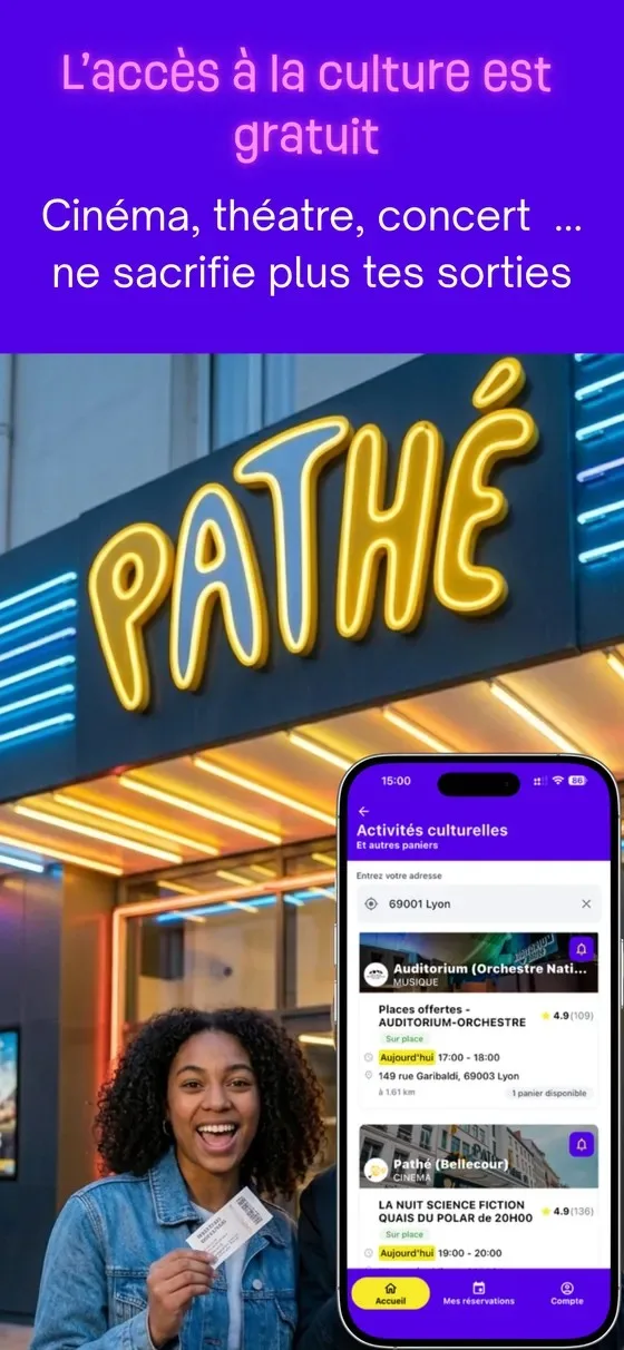 Écran de l’application HappyToque affichant des places de concert et de cinéma offertes à Lyon