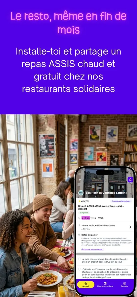 Écran de l’application HappyToque présentant un brunch assis offert dans un restaurant solidaire de Villeurbanne